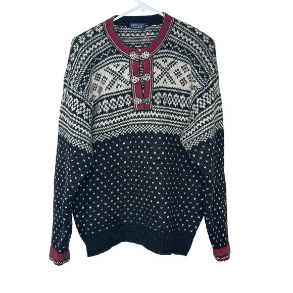 Bouviac Men's 100% Pure New Wool Fair Isle Nordic Sweater Sz SMALL Gray Metal - Picture 2 of 9